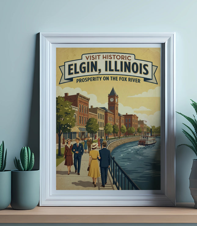 Vintage poster art of Elgin, Illinois with riverboat and historic buildings.
