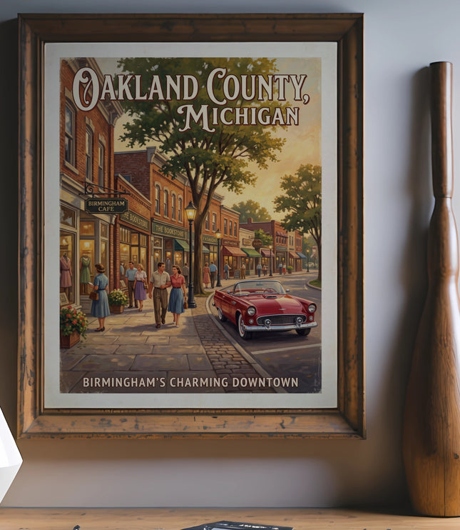 Vintage poster of Oakland County, Michigan showing Birmingham's charming downtown.