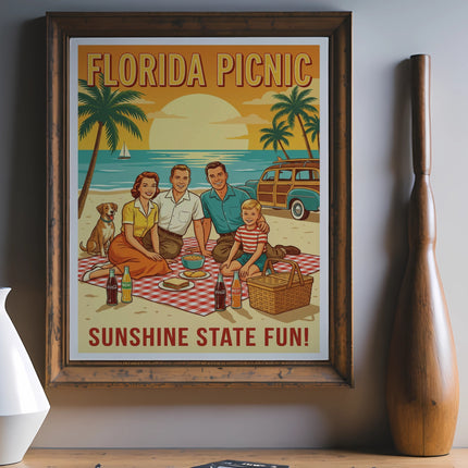 Retro poster depicting a family picnic with a dog and a car.