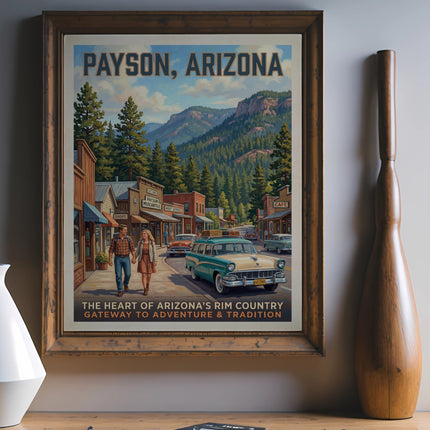 Payson, Arizona vintage travel poster with a couple and classic cars.