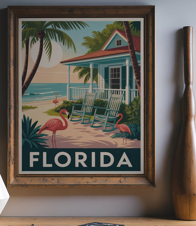Florida travel poster with flamingos, palm trees, beach house, and rocking chairs.