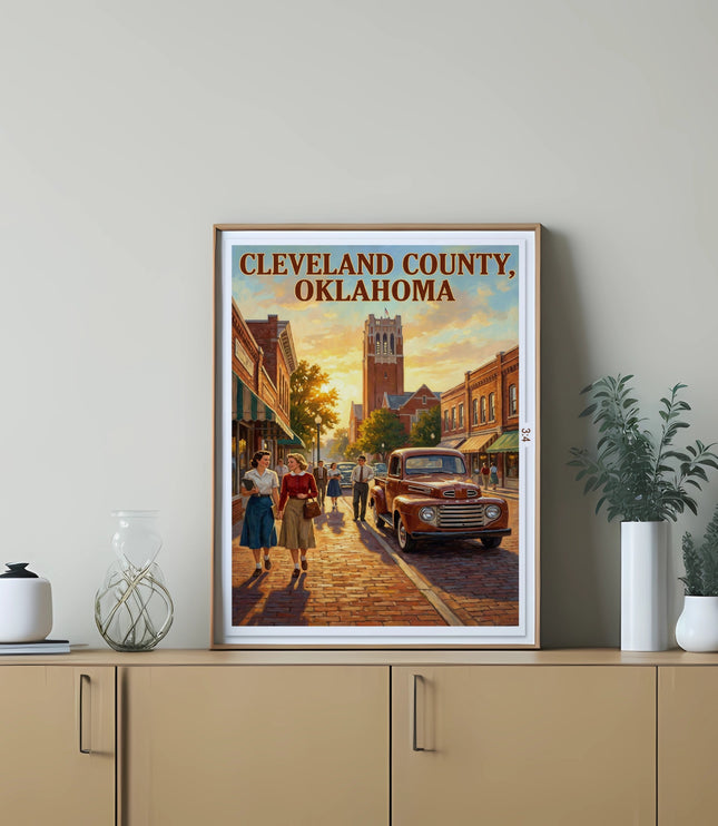 Vintage illustration of Cleveland County, Oklahoma with brick buildings and a classic truck.