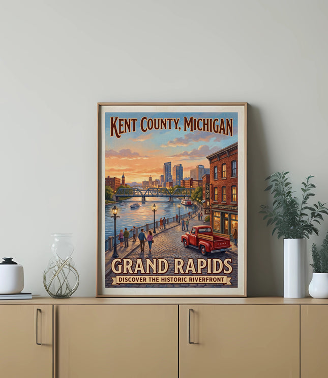 Vintage style poster of Grand Rapids, Michigan riverfront at sunset with a red truck.