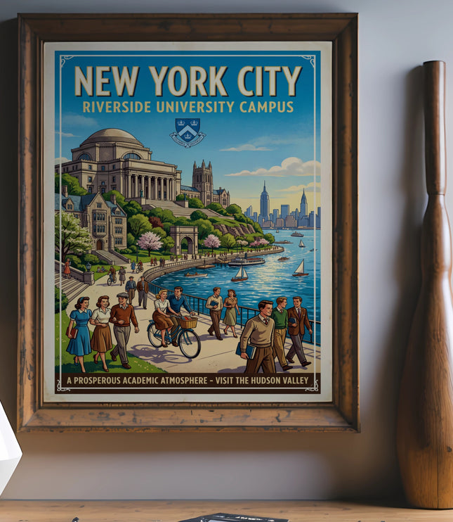 New York City Riverside University Campus vintage travel poster with skyline.