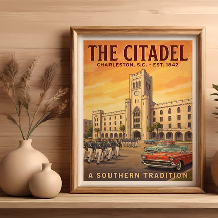 The Citadel Charleston S.C. Est. 1842 vintage poster with cadets and classic cars.