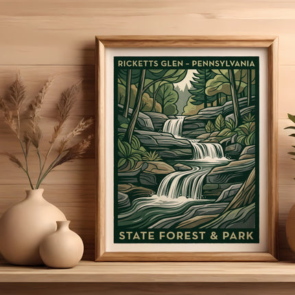 Framed artwork depicting Ricketts Glen State Forest and Park waterfalls and forest.