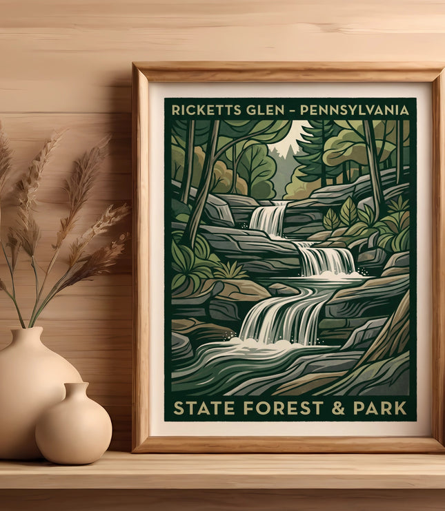 Framed artwork depicting Ricketts Glen State Forest and Park waterfalls and forest.