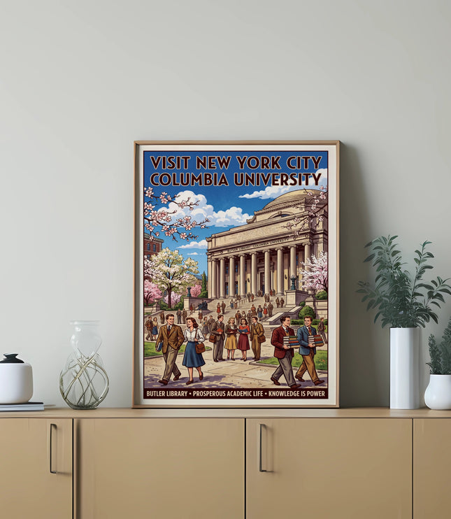 Vintage poster of Columbia University with Butler Library, students, and blooming trees.
