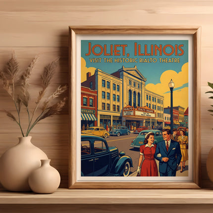 Joliet, Illinois poster featuring the historic Rialto Theatre and vintage cars.