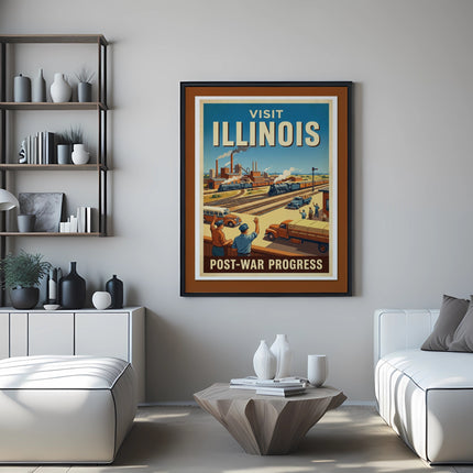 Vintage "Visit Illinois Post-War Progress" travel poster with train and factory scene.
