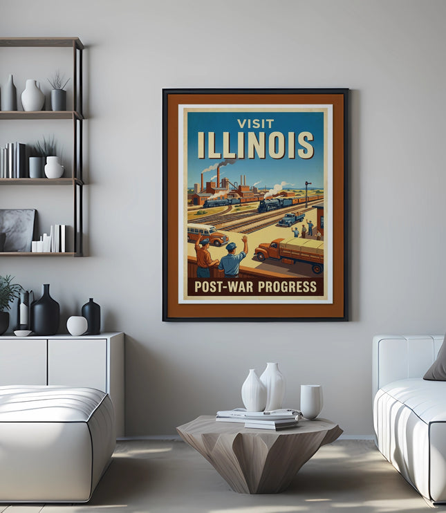 Vintage "Visit Illinois Post-War Progress" travel poster with train and factory scene.