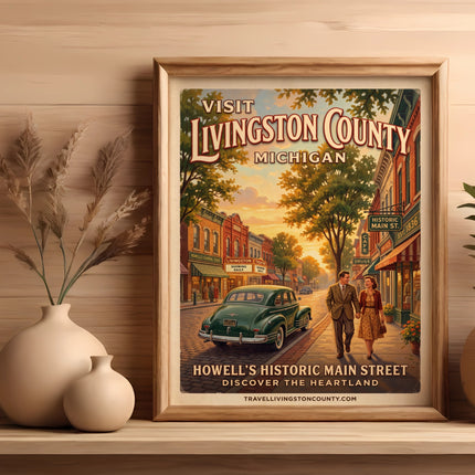 Vintage travel poster for Livingston County, Michigan, featuring a couple and a classic car.