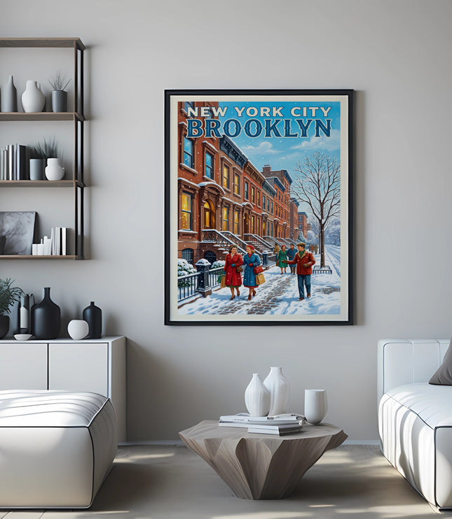 Vintage New York City Brooklyn winter street scene poster in a black frame.