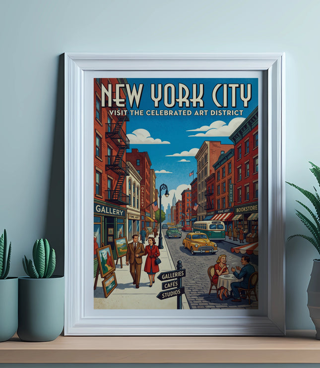 Vintage New York City art district poster with buildings, cars, and people.