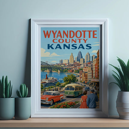Vintage poster of Wyandotte County, Kansas, featuring Kansas City skyline and retro vehicles.