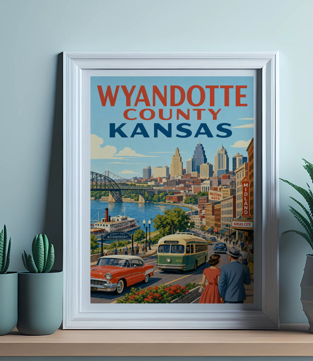 Vintage poster of Wyandotte County, Kansas, featuring Kansas City skyline and retro vehicles.