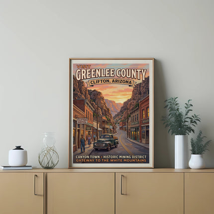 Visit Greenlee County Clifton Arizona vintage poster with canyon town and mountains.