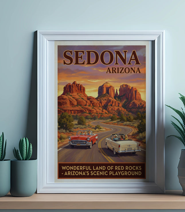 Vintage poster of Sedona, Arizona with red rock formations and two convertible cars on a road.