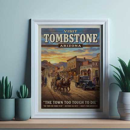 Vintage poster for Tombstone, Arizona, depicting a Western town scene with text.