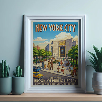 Poster for the Brooklyn Public Library with "New York City" and building illustration.