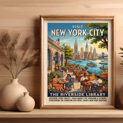 Vintage poster for The Riverside Library in New York City with people reading outdoors.