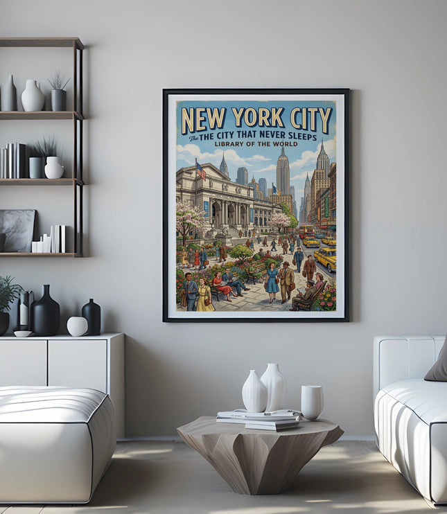 Vintage New York City poster showing the Public Library and city skyline.