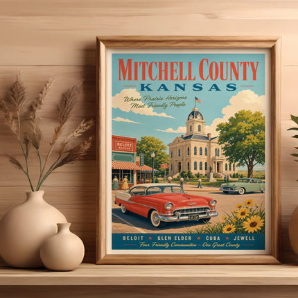 Vintage poster for Mitchell County, Kansas, with a red car and town buildings.