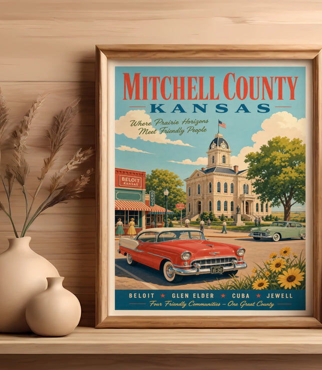 Vintage poster for Mitchell County, Kansas, with a red car and town buildings.