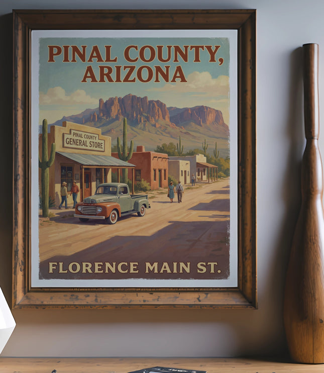 Vintage travel poster of Pinal County, Arizona, Florence Main St.