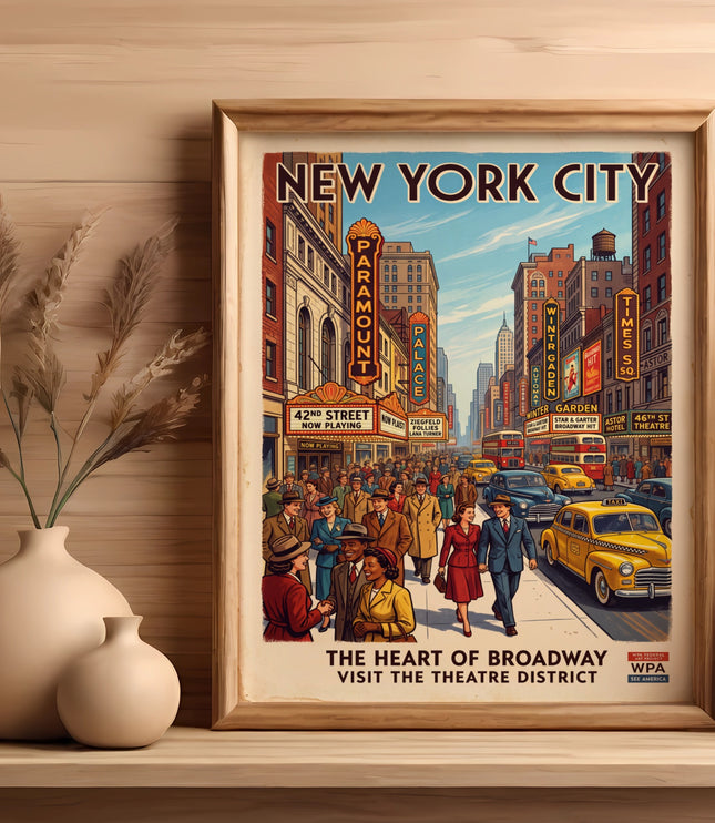 New York City theatre district poster with street scene and vintage cars.