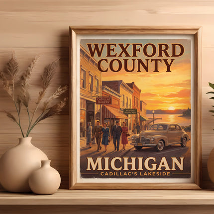 Wexford County, Michigan illustration with a vintage town scene at sunset.