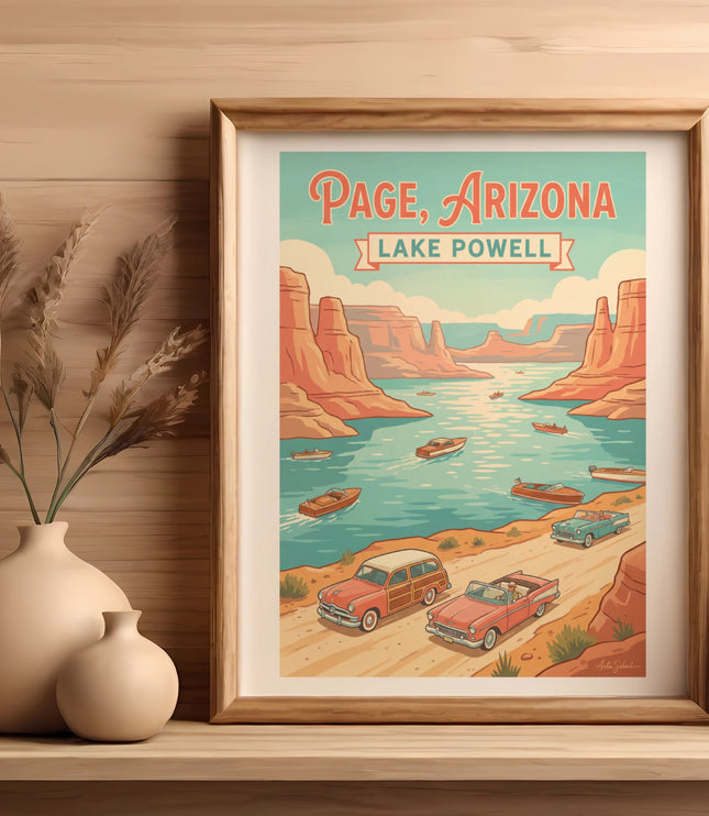 Page, Arizona Lake Powell retro travel poster with boats and vintage cars.