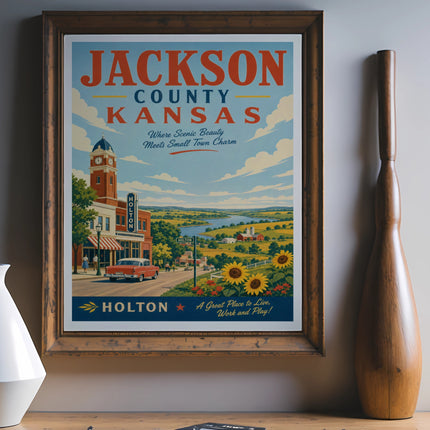 Vintage poster for Jackson County, Kansas, featuring Holton and scenic farmland.