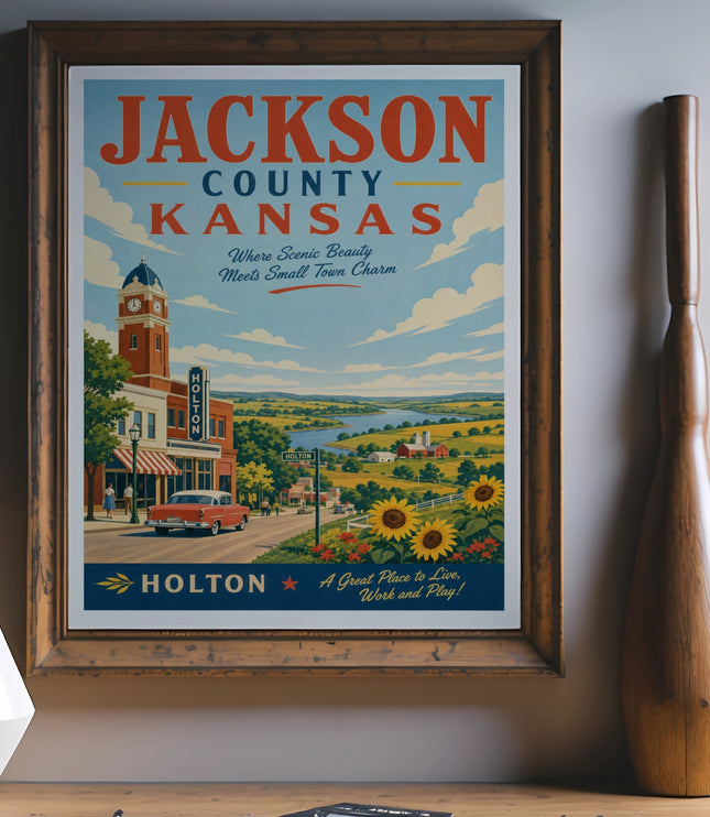 Vintage poster for Jackson County, Kansas, featuring Holton and scenic farmland.