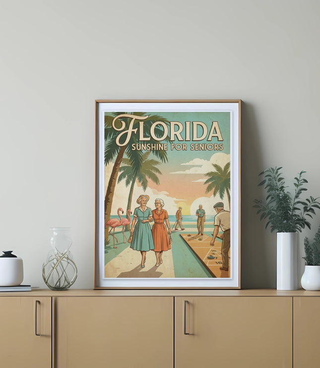 Florida Sunshine for Seniors artwork with seniors playing shuffleboard and by flamingos.