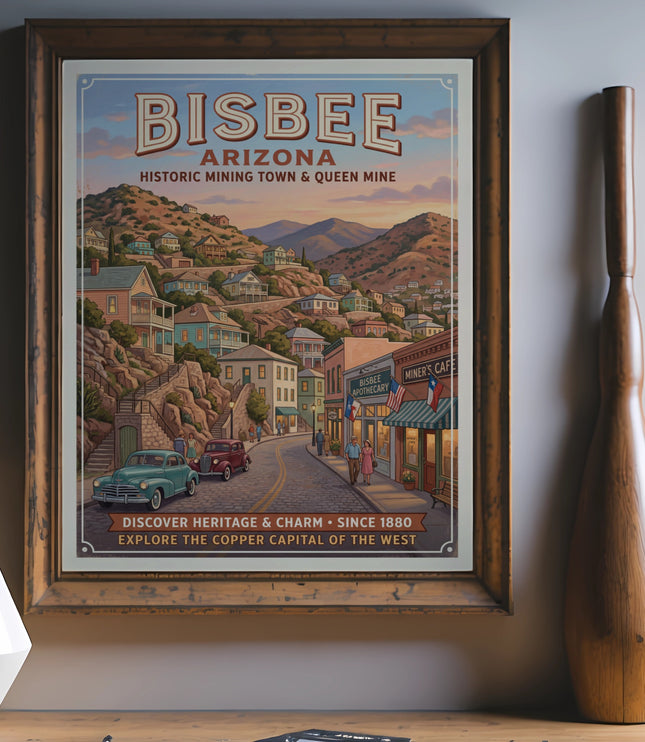 Bisbee Arizona historic mining town poster depicting vintage cars and buildings.
