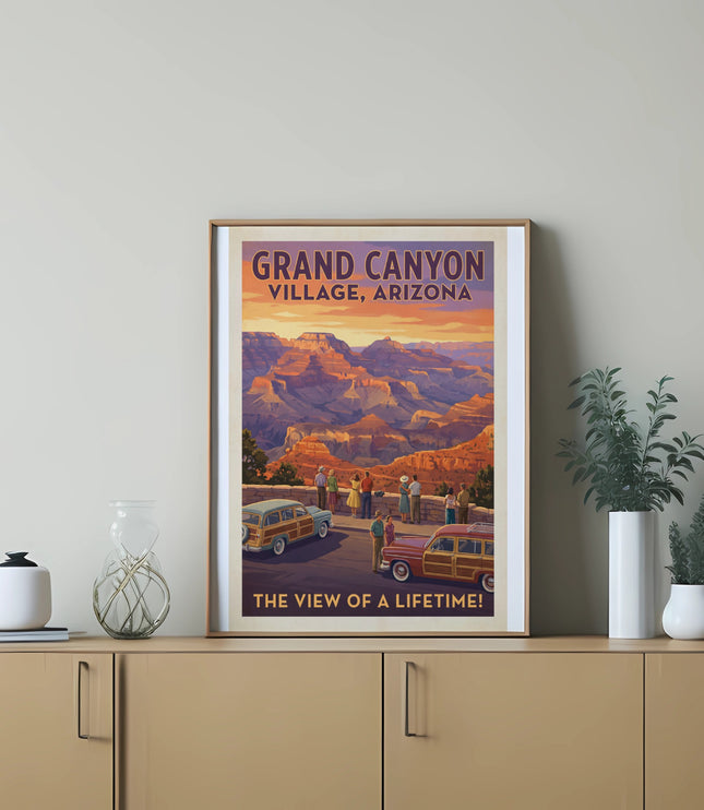 Grand Canyon Village, Arizona vintage travel poster with people and cars.