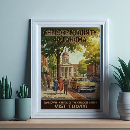 Vintage poster of Cherokee County, Oklahoma, Tahlequah, with people and classic car.