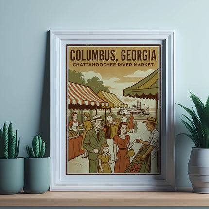 Vintage poster of Columbus, Georgia Chattahoochee River Market with people and steamboat.