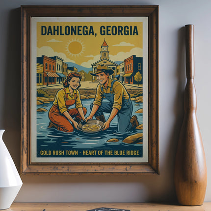 Dahlonega, Georgia gold rush poster with couple panning for gold.
