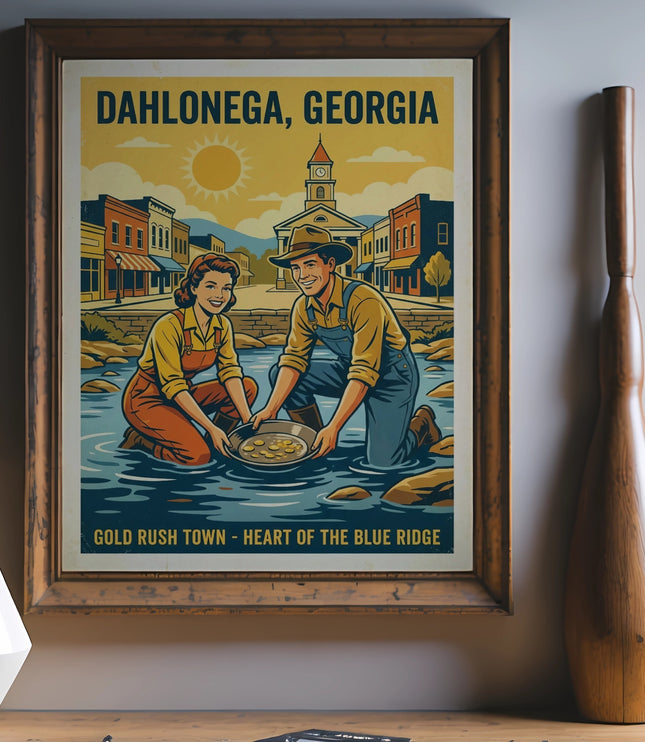 Dahlonega, Georgia gold rush poster with couple panning for gold.