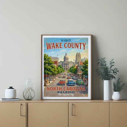 Vintage poster with "Visit Wake County North Carolina Raleigh The Capitol City" text.
