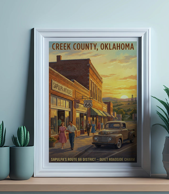 Creek County, Oklahoma poster showing Sapulpa's Route 66 district at sunset.