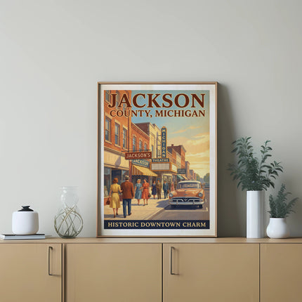 Retro poster of Jackson County, Michigan with "Historic Downtown Charm".