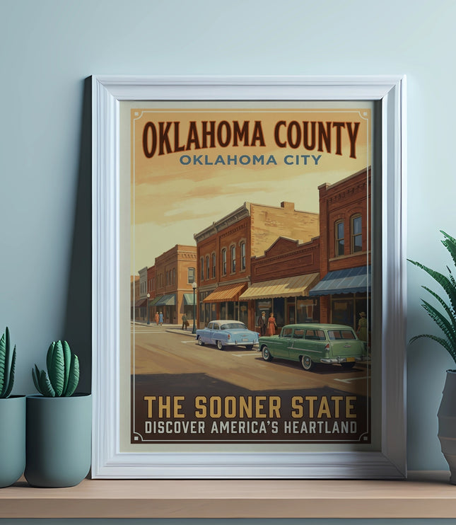 Poster depicting Oklahoma County with vintage cars and text "The Sooner State".
