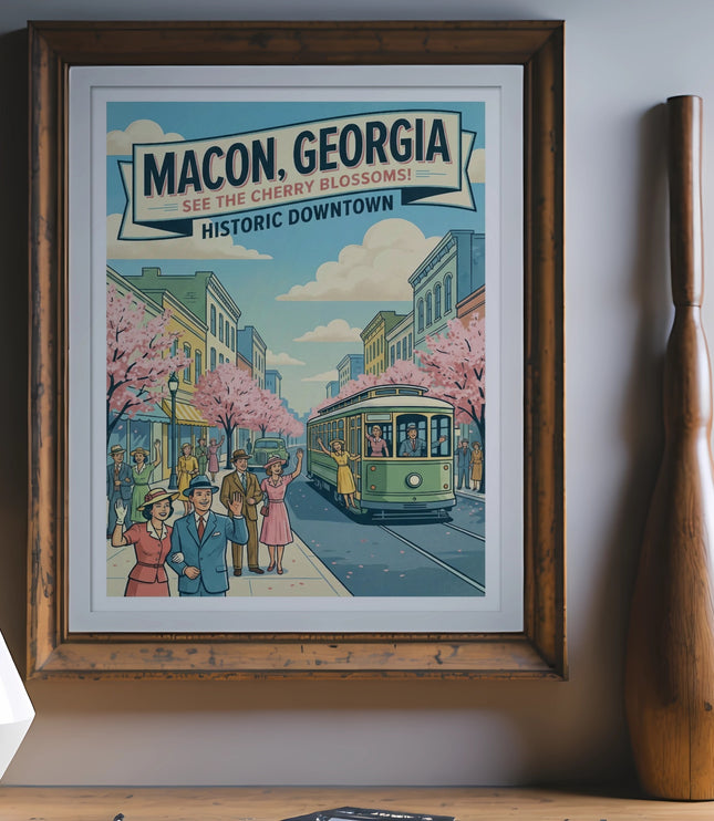 Macon, Georgia historic downtown print with streetcar and cherry blossoms.