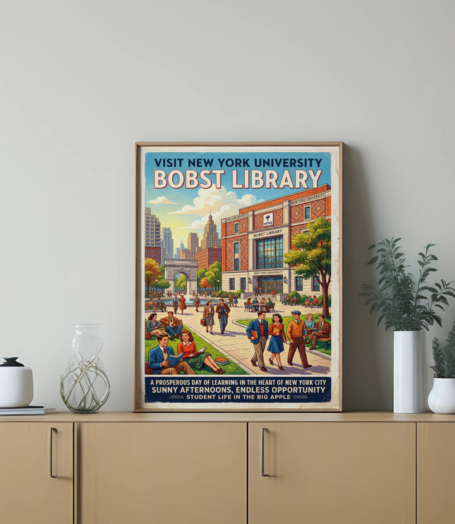 Vintage poster featuring NYU Bobst Library with students walking and studying outdoors.