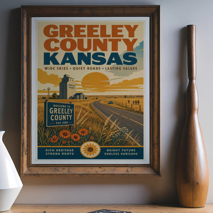 Greeley County Kansas vintage travel poster with rolling hills and a road.