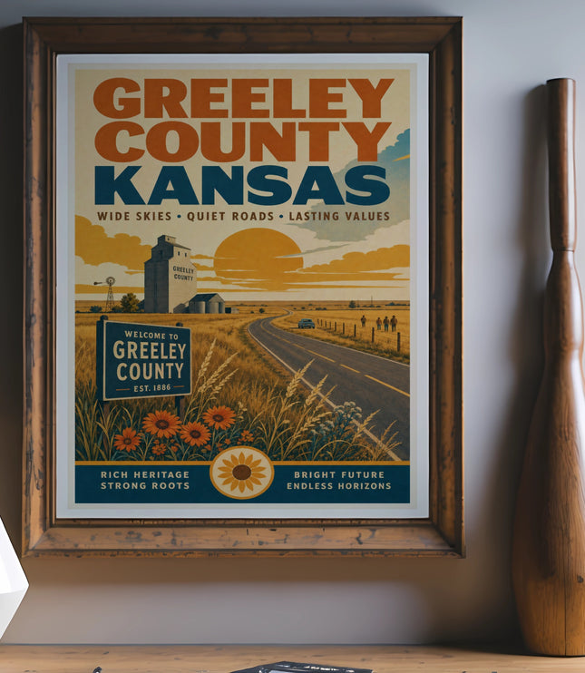 Greeley County Kansas vintage travel poster with rolling hills and a road.