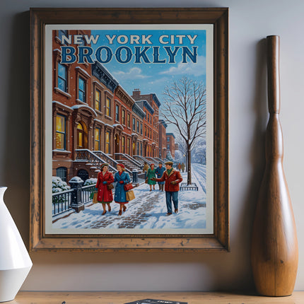 Vintage "New York City Brooklyn" poster with people walking in snowy street.
